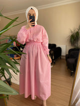 Beli Lastikli Çizgili Elbise