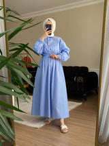 Beli Lastikli Çizgili Elbise Mavi