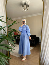 Beli Lastikli Çizgili Elbise Mavi