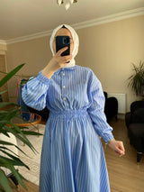 Beli Lastikli Çizgili Elbise Mavi