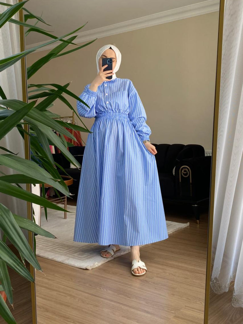 Beli Lastikli Çizgili Elbise Mavi