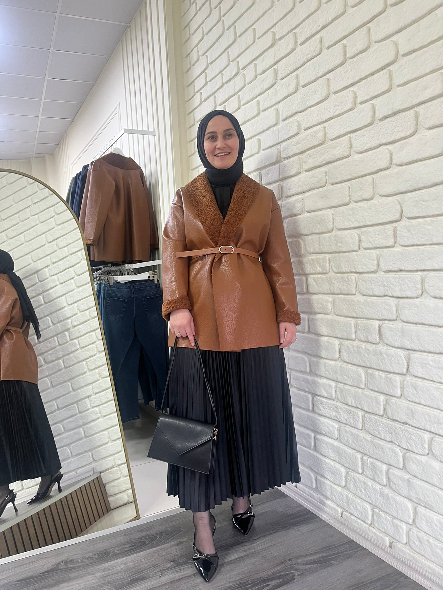 Kürklü Deri Ceket - Kahverengi