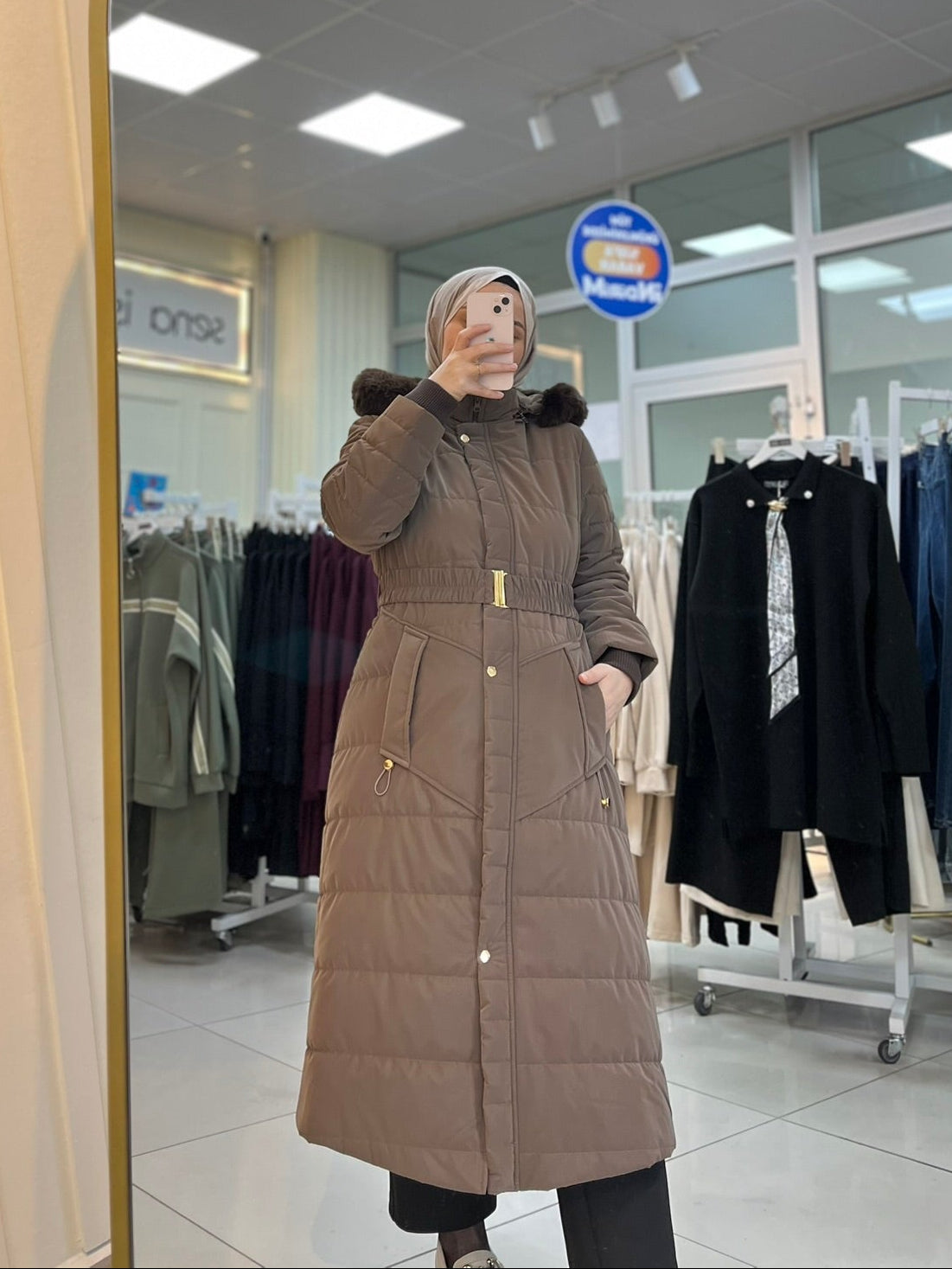 Kürk Detaylı Şişme Mont - Acı Kahve